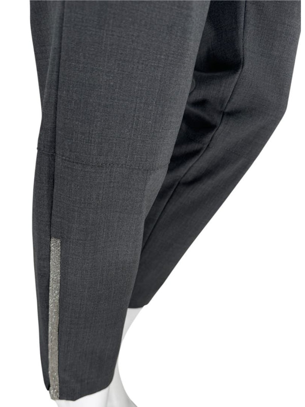 Brunello Cucinelli Grey Wool-Blend Slim Pants with Monili Trim – Size IT 44 / US 8