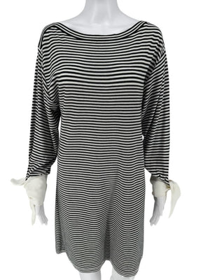 Chloé Black & White Striped Cotton Dress with Cuffed Tie Sleeves - Small