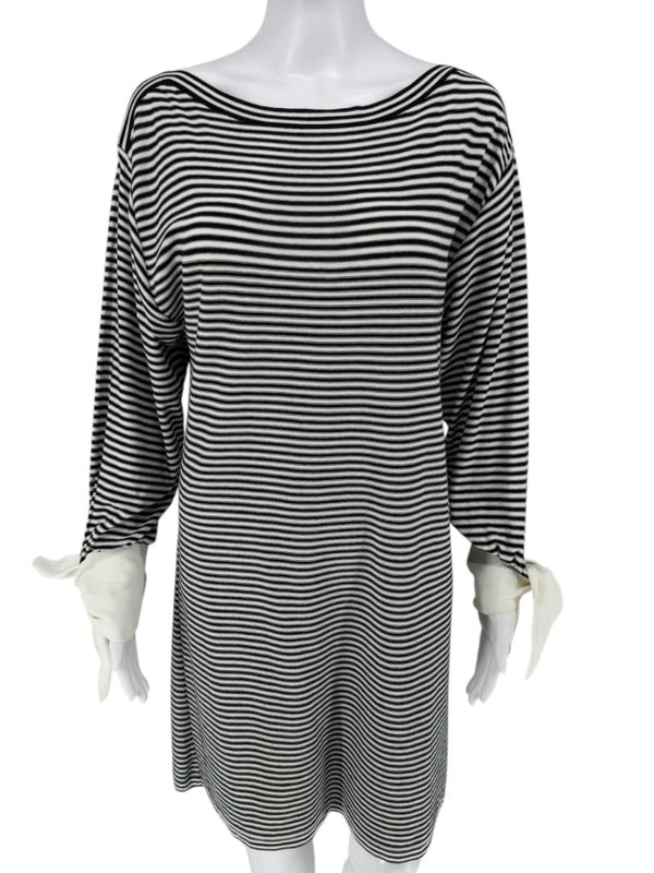 Chloé Black & White Striped Cotton Dress with Cuffed Tie Sleeves - Small