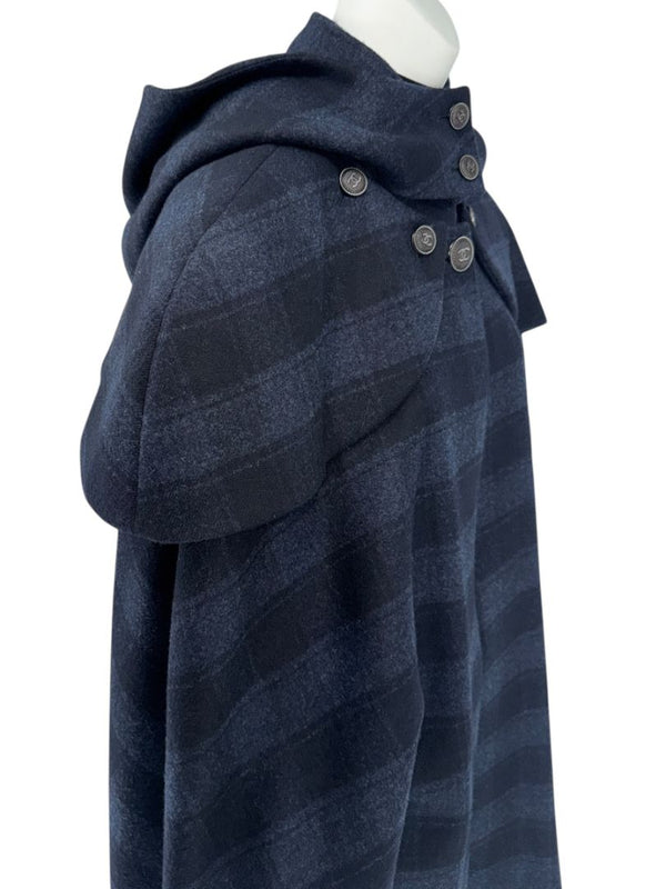 Chanel Navy & Black Plaid Wool Hooded Cape with Logo Buttons – Size FR 44 - *RARE*