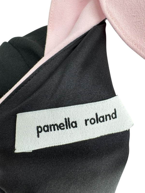 Pamella Roland Black Crepe Shift Dress with Pink Ruffle Back & Neck Tie - Large