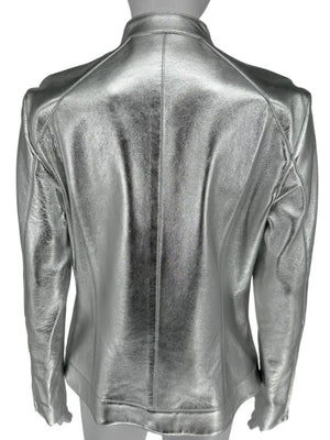 Pamella Roland Silver Metallic Leather Moto Jacket – Size 8