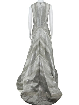 Pamella Roland Silver Metallic Sleeveless Gown with Plunging Neckline – Size 6