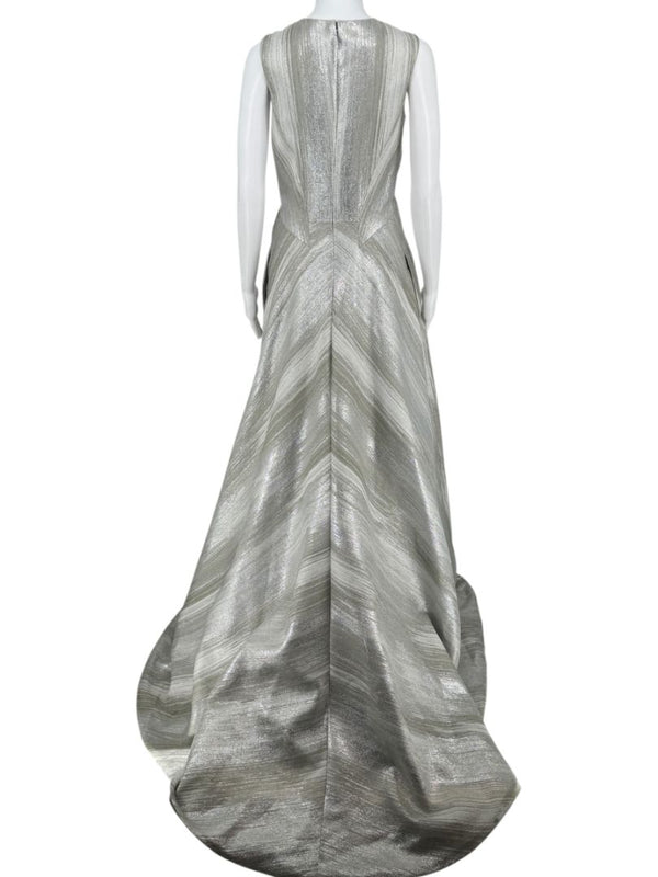 Pamella Roland Silver Metallic Sleeveless Gown with Plunging Neckline – Size 6