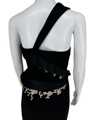 Pamella Roland Black One-Shoulder Gown with Embroidered Gold Appliqué - Large