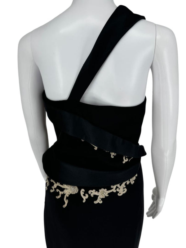 Pamella Roland Black One-Shoulder Gown with Embroidered Gold Appliqué - Large