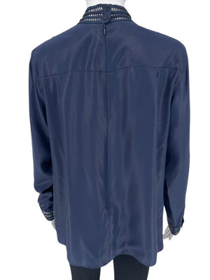 Akris Navy Mulberry Silk Blouse with Jewelry Trim – Size US 8 / FR 40 / DE 38