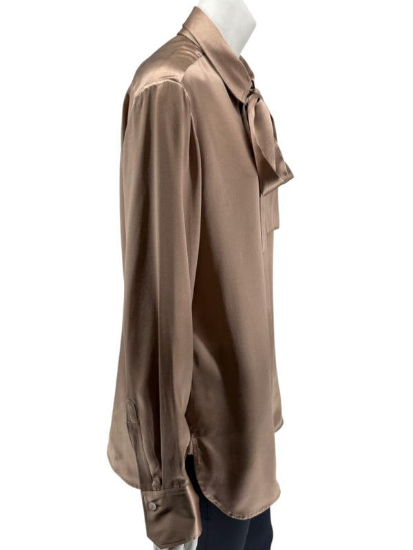 Kiton Bronze Silk Bow Blouse – Size 46 Brand New