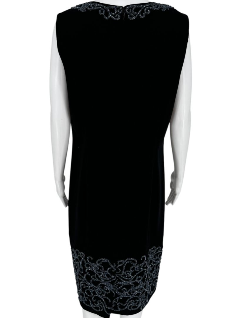 Pamella Roland Black Sleeveless Sheath Dress with Beaded Scroll Embellishment – Large