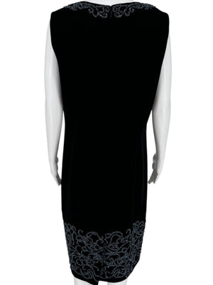 Pamella Roland Black Sleeveless Sheath Dress with Beaded Scroll Embellishment – Large