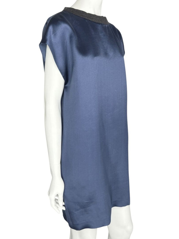 Brunello Cucinelli Navy Silk Shift Dress with Contrast Trim – Size XL- NEW