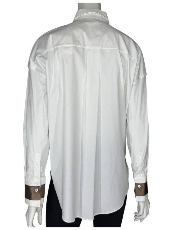 Brunello Cucinelli White Relaxed Satin Cuff Blouse – Size M- NEW