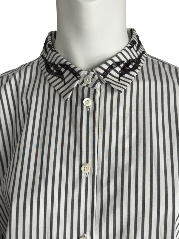 Brunello Cucinelli Gray & White Vertical Stripe Embroidered Collar Shirt – Size XL