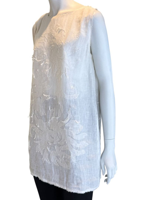 Fendi White Linen Sleeveless Tunic with Textured Floral Appliqué – Size L