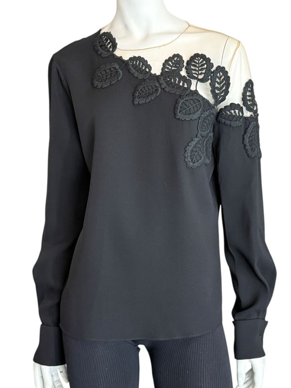 Oscar de la Renta Resort 2019 Black Silk Embroidered Illusion Neck Blouse – Size 8 - NWT