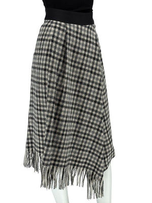 Brunello Cucinelli Black & Ivory Checked Wool Skirt with Fringe Hem – Size IT 44 (US 8)