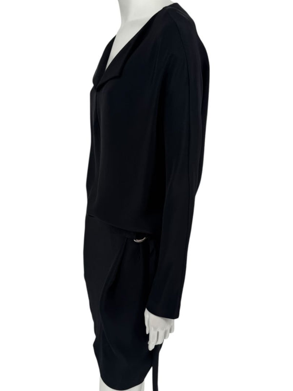 Pamella Roland Black Drape-Front Long Sleeve Belted Mini Dress – Large