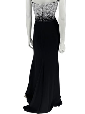 Pamella Roland Black Strapless Gown Silver Pearl Crystal Beaded Bodice Size 8 Evening Dress