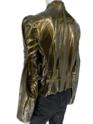 Burberry London Metallic Olive Green Leather Jacket – Size UK 12 / US 10