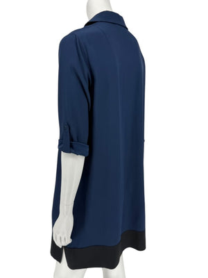 Akris Punto Navy Blue Viscose Acetate Tunic Dress Black Hem Roll Tab Sleeve - US 10