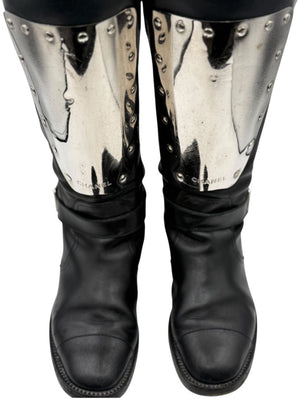 Chanel Black Leather Moto Boots with Silver Armor Plate – Size 40.5