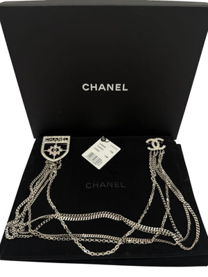 Chanel Baguette Crystal CC Shield Multi-Strand Long Chain Brooch Silver 15B w/ Box, Case & Tag