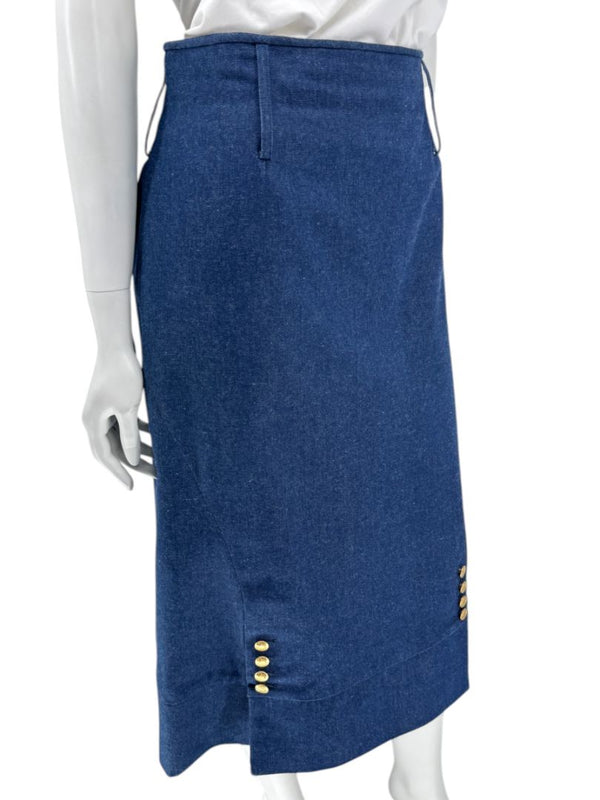 Christian Dior Boutique Blue Denim Midi Skirt with Gold Buttons – Size 14
