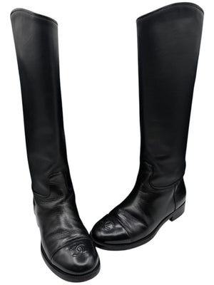 Chanel CC Captoe Black Leather Riding Boots – Size 36.5