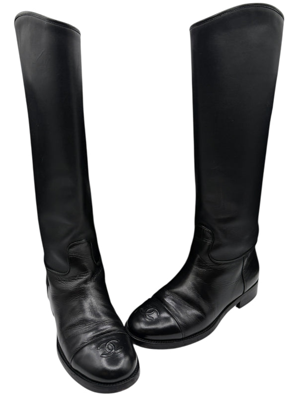 Chanel CC Captoe Black Leather Riding Boots – Size 36.5
