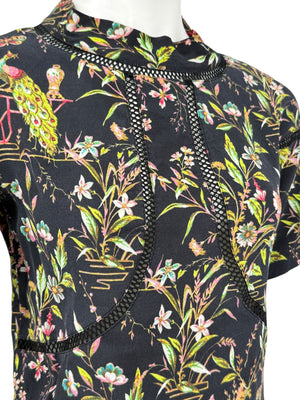 Vivienne Tam Black Floral & Peacock Print Mesh-Trim Top – Size 0