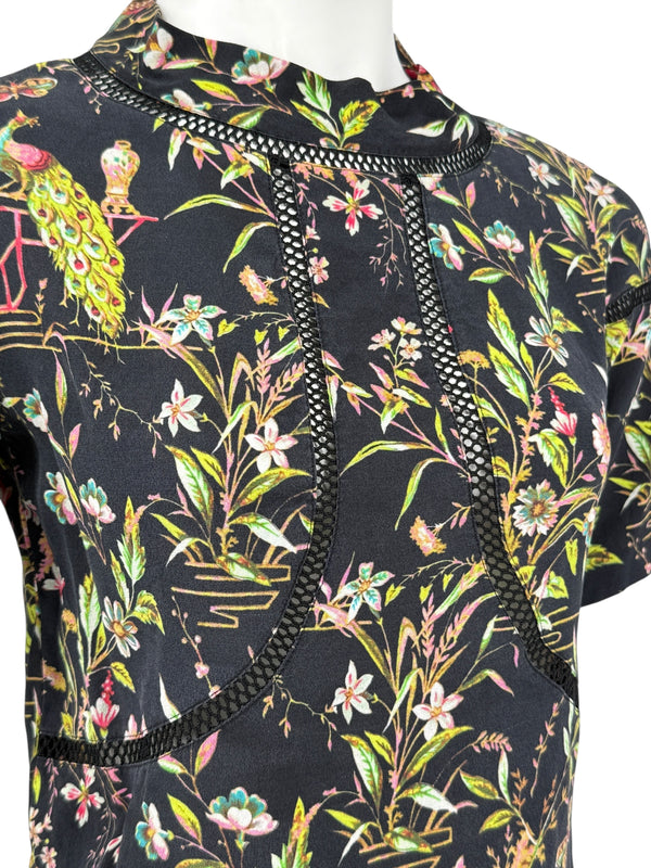 Vivienne Tam Black Floral & Peacock Print Mesh-Trim Top – Size 0