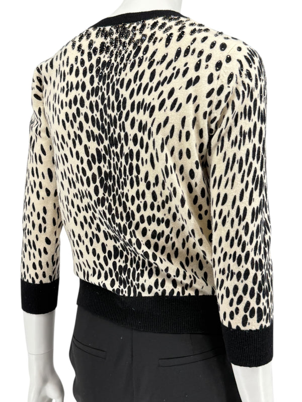 DKNY Cream & Black Leopard-Print Beaded Cardigan – Size: Small