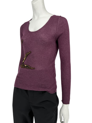 Roberto Cavalli Eggplant Cardigan with Beaded Oversized Sun Accents – Size: S
