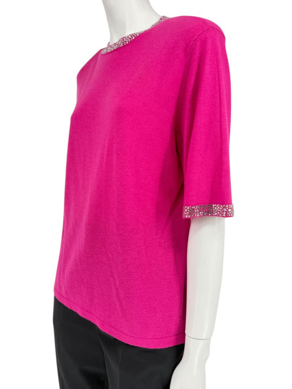 Neiman Marcus Cashmere Collection Fuchsia Embellished Short-Sleeve Sweater – Size XL