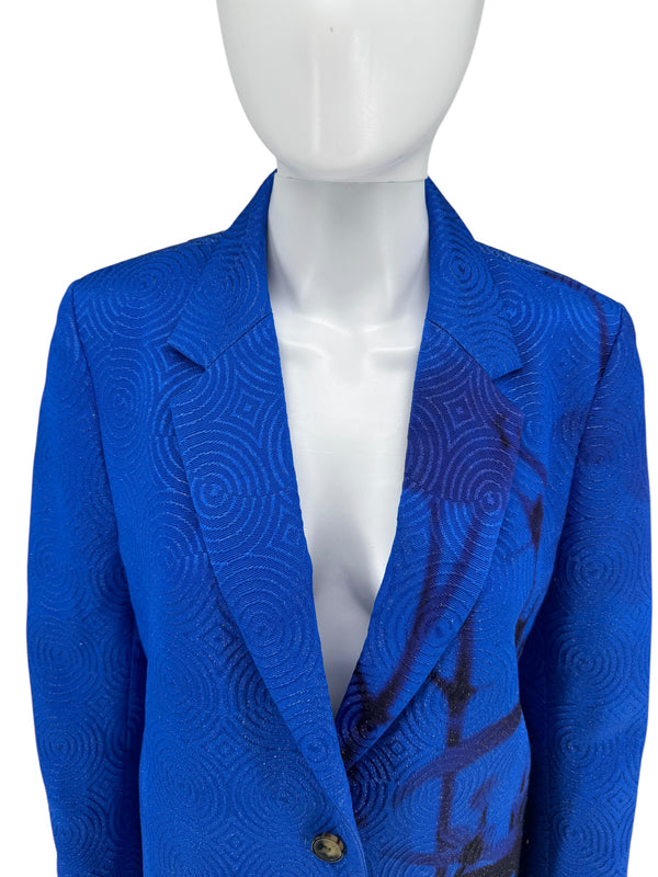 Dries Van Noten Two Button Cobalt/Purple/Black and Ivory textured Moire Topper/Jacket/ ¾ Coat