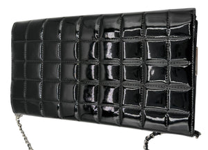 Chanel Black Patent Leather Chocolate Bar Clutch On Chain