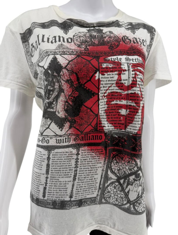 John Galliano Y2K Short Sleeve White Graphic Newspaper Tee - M