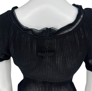 Jean Paul Gaultier Black Ribbed Sheer Top with Puff Sleeves - S