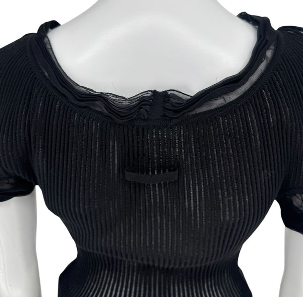 Jean Paul Gaultier Black Ribbed Sheer Top with Puff Sleeves - S