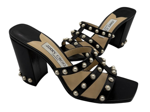 Jimmy Choo Hazal Faux Pearl Embellished Leather Sandals - Size 37
