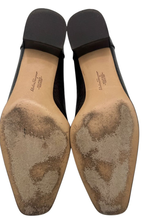 Salvatore Ferragamo Black Croc-Embossed Leather Loafers with Gold Gancini – Size 10.5 B (Made in Italy)