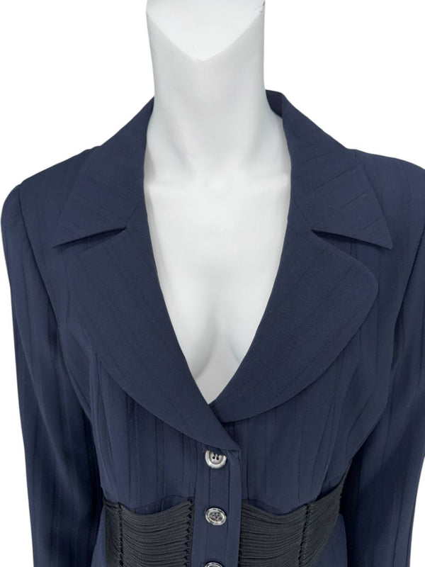 Armani Collezioni Navy Pinstripe Pantsuit with Corset-Style Waist Trim – Size IT 48