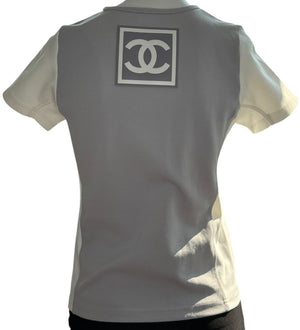 Chanel Two-Tone Grey & Cream Logo Tee – Size FR 42 (US 8)