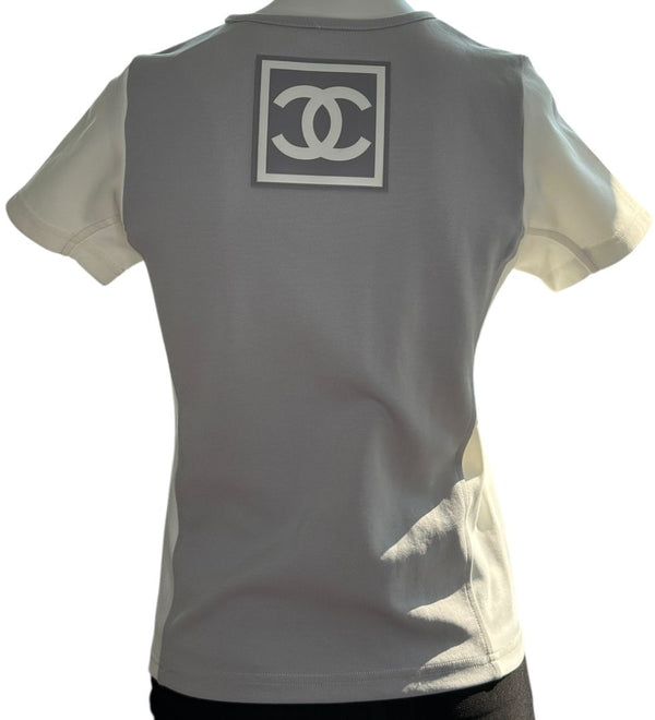 Chanel Two-Tone Grey & Cream Logo Tee – Size FR 42 (US 8)