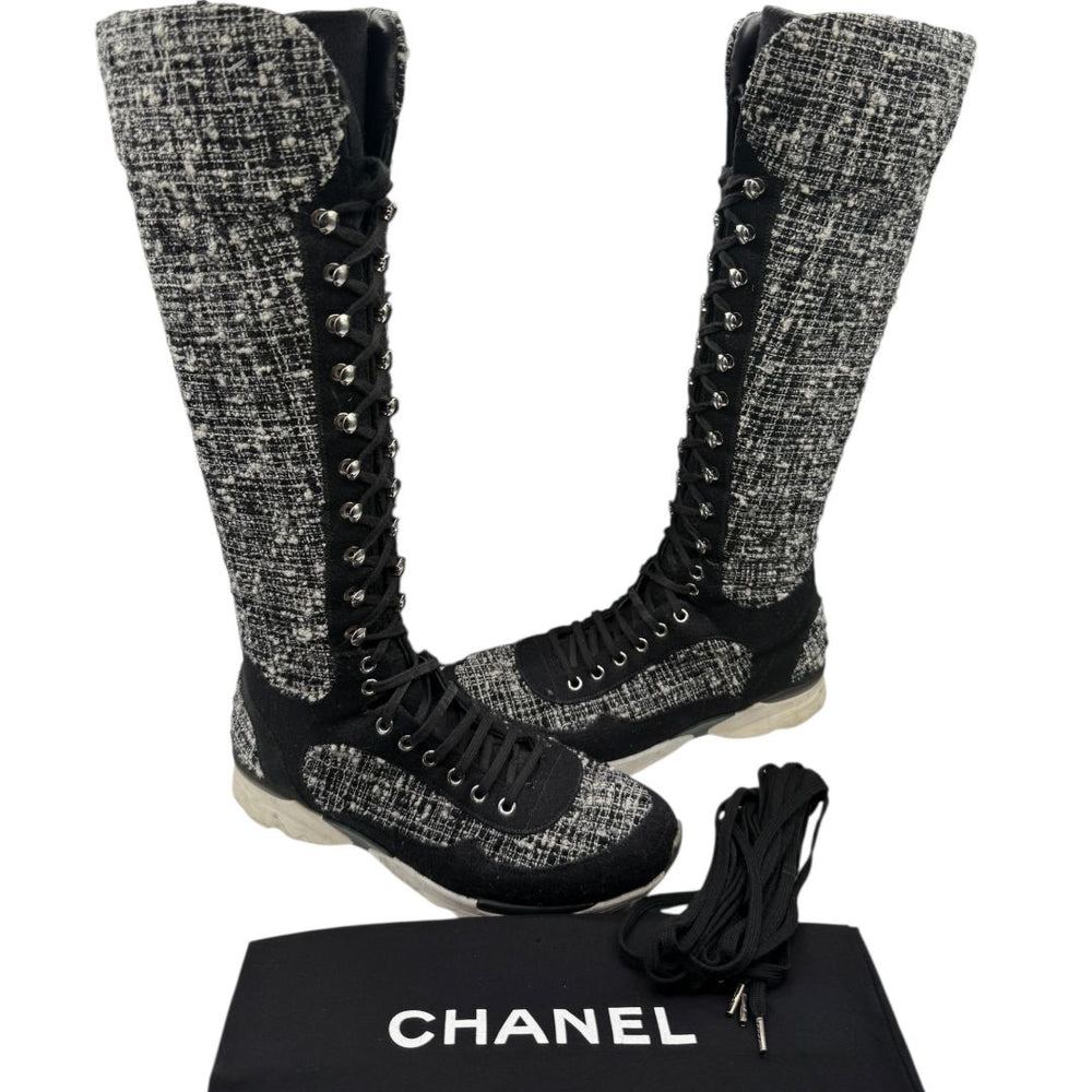 Chanel Tweed & Suede Lace-Up Knee-High Sneakers – Size 40 (EU)