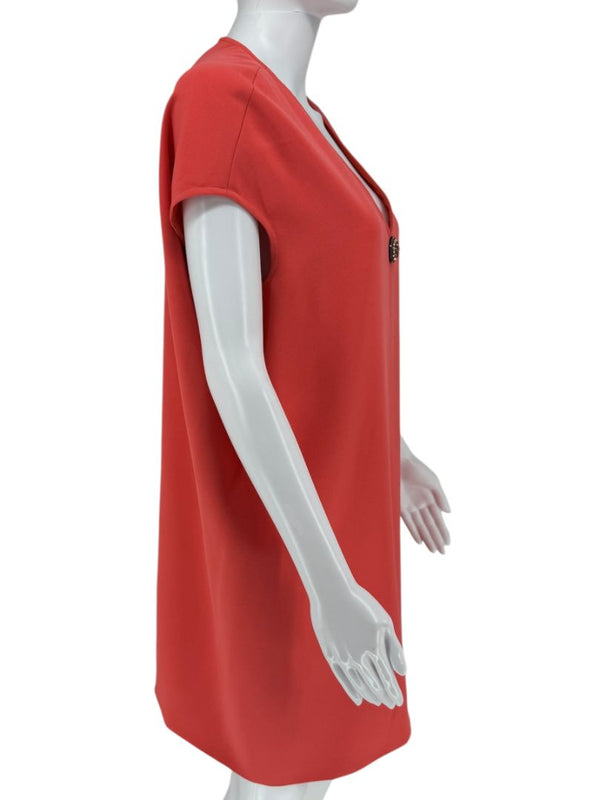 Pamella Roland Sleeveless Shift Dress in Coral with Beaded Brooch Detail