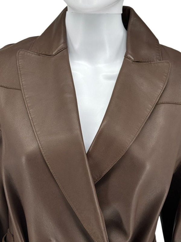 Brunello Cucinelli Chocolate Leather Belted Coat - Size 4