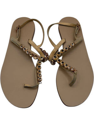 100% Capri Jeweled T-Strap Flat Sandals – Size 39