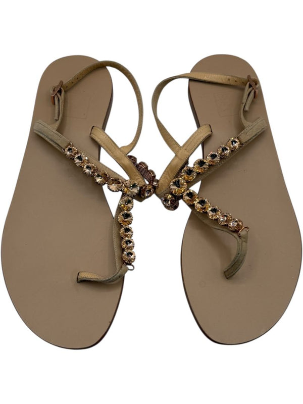 100% Capri Jeweled T-Strap Flat Sandals – Size 39