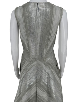 Pamella Roland Silver Metallic Sleeveless Gown with Plunging Neckline – Size 6